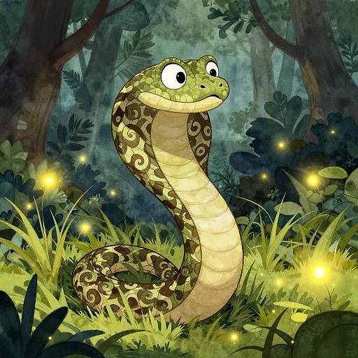 Digital illustration of a whimsical, patterned snake with large, expressive eyes, coiled in a lush, moonlit forest, surrounded by glowing fire
