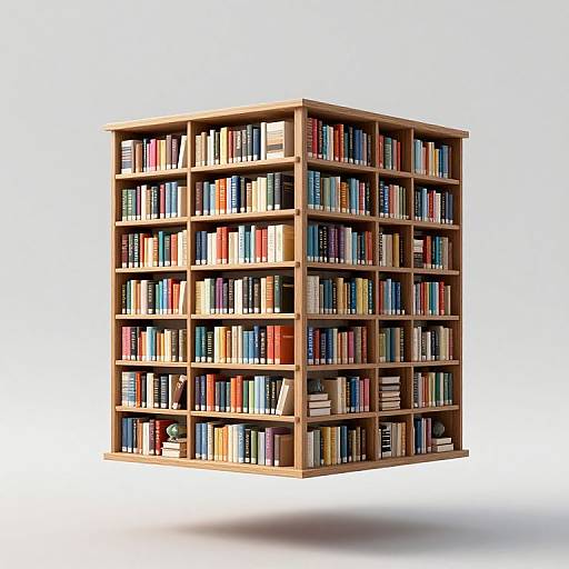 Photorealistic CGI of a wooden cube bookshelf filled with colorful books, floating against a plain white background.