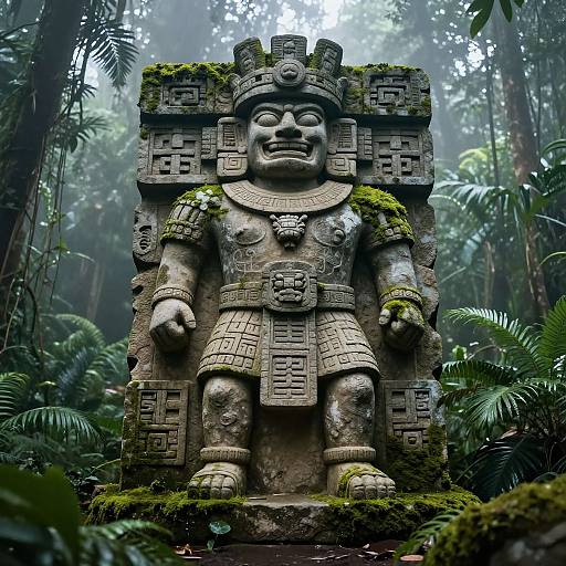 Photograph of a moss-covered, ancient Mayan stone statue with a carved face and intricate patterns, standing in a dense, misty jungle.