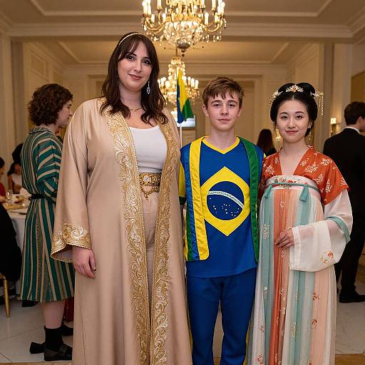 Photograph of a woman in a beige embroidered robe, a boy in a Brazilian soccer jersey, and a girl in a traditional Chinese dress, standing in