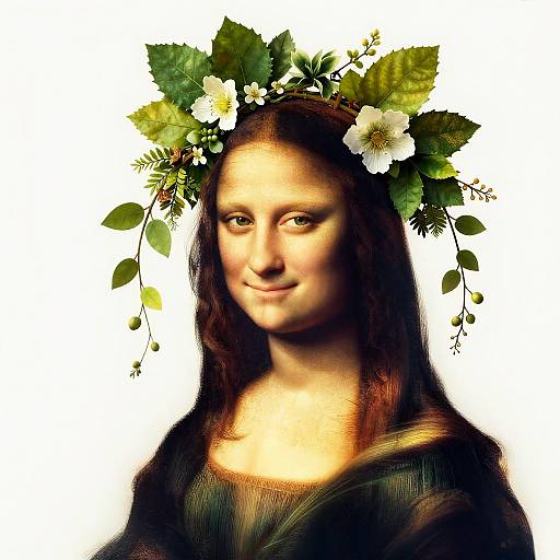 Digital artwork of a woman with Renaissance-style features, wearing a floral crown with white flowers and green leaves, against a white background. She smiles subtly,