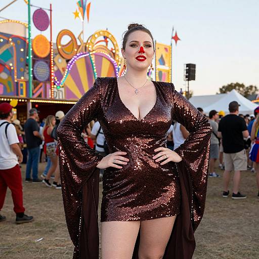 Photograph of a confident woman in a sequined, deep V-neck black mini dress with long sleeves, standing at a colorful carnival, surrounded by people