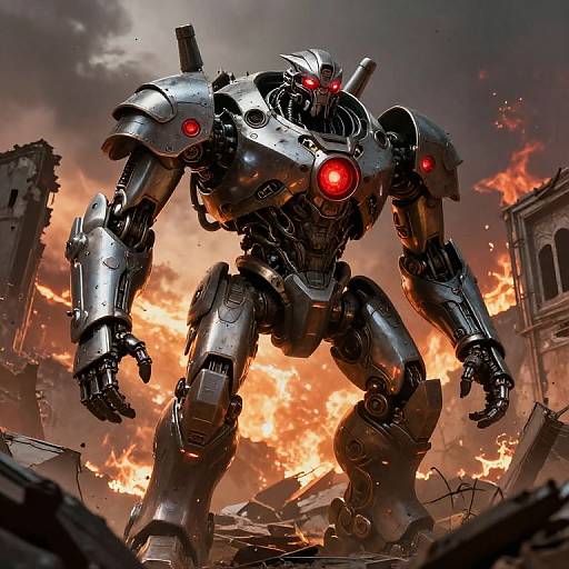 Digital illustration of a massive, silver, robot with red eyes and glowing red chest emblem, standing amidst a fiery, ruined cityscape.