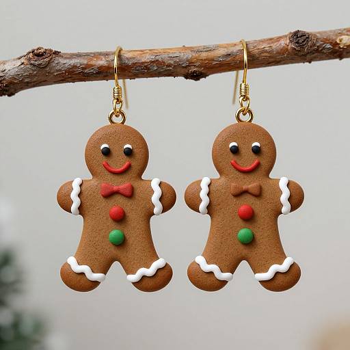 Photograph of two gingerbread cookie-shaped earrings with red and green buttons, white icing stripes, and smiles, hanging from a brown twig against a blurred