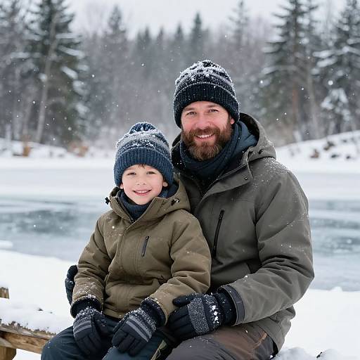Photograph of a bearded man and smiling child in winter clothes, sitting on snow-covered bench by frozen lake, pine trees in background, snowfl