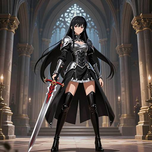 Anime-style digital artwork of a black-haired warrior woman in gothic armor, holding a blood-dipped sword, standing in a grand cathedral.