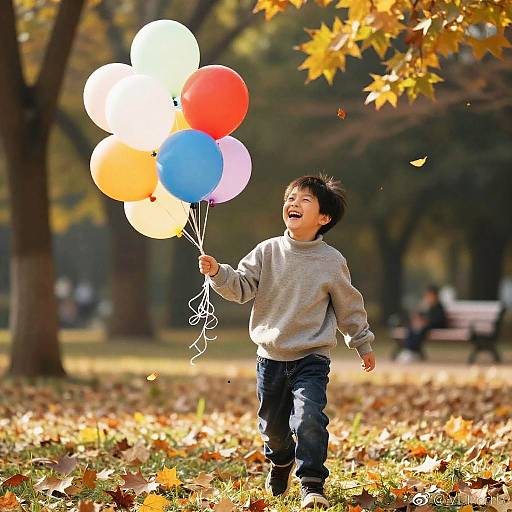 Photograph of a joyful Asian boy in a gray sweater, holding colorful balloons (red, white, blue, yellow), running through a sunlit autumn