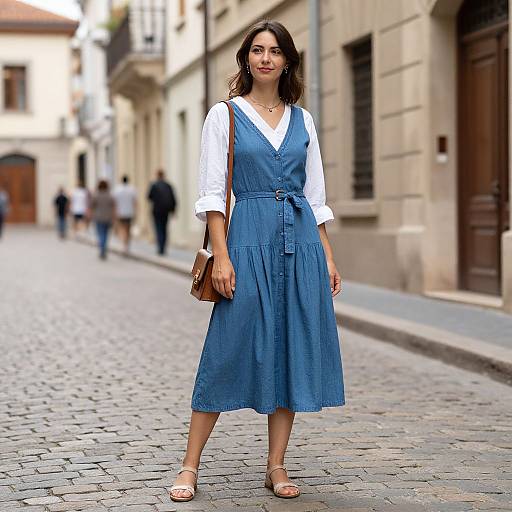 Photograph of a young woman with medium-length brown hair, wearing a blue dress over a white shirt, brown shoulder bag, and sandals, standing on