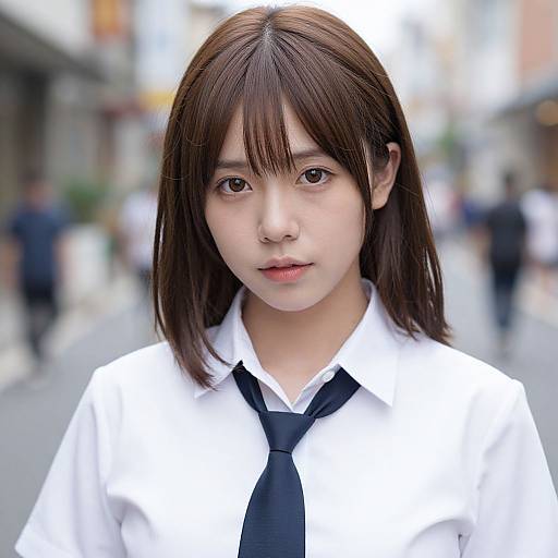 Photorealistic digital portrait of a young Japanese woman with straight brown hair, wearing a white shirt and black tie, standing on a blurred urban street.