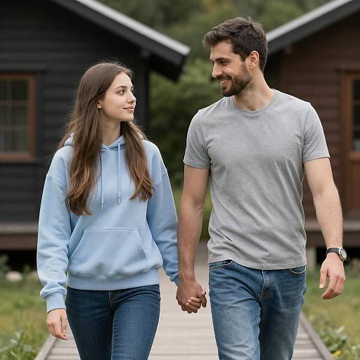 Young Couple Walking Hand in Hand Outdoors