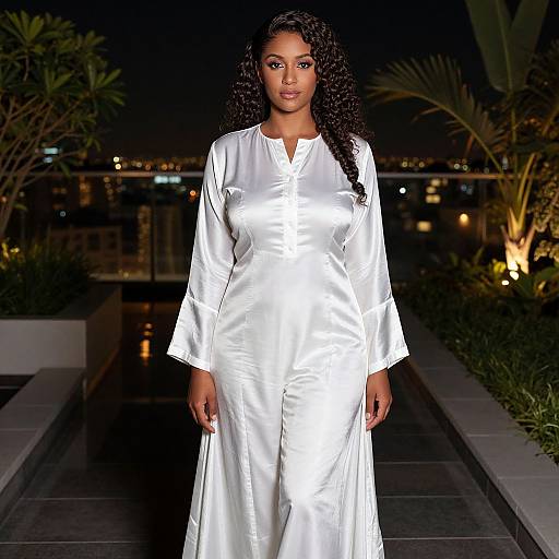Photograph of a confident Black woman with curly hair, wearing a shiny white, long-sleeve traditional dress, standing on a dark, illuminated path