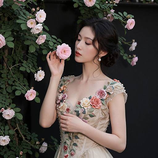 Photograph of an elegant Asian woman with fair skin, dark hair, and red lipstick, wearing a floral-embellished, beige gown, gently