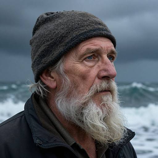 Photograph of an elderly white man with a long white beard, wearing a dark gray knit beanie and black jacket, gazing at the stormy