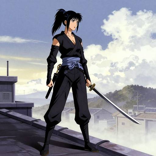 Digital anime drawing of a black-haired woman in a black ninja outfit with exposed shoulders, holding a sword, standing on a rooftop at sunset, with white