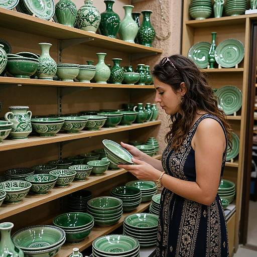 Woman Exploring Green Ceramic Pottery