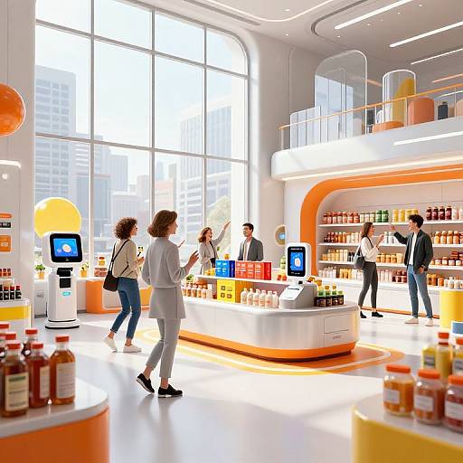 Photograph of a modern, brightly lit grocery store with large windows, orange accents, and customers shopping at a colorful checkout counter.