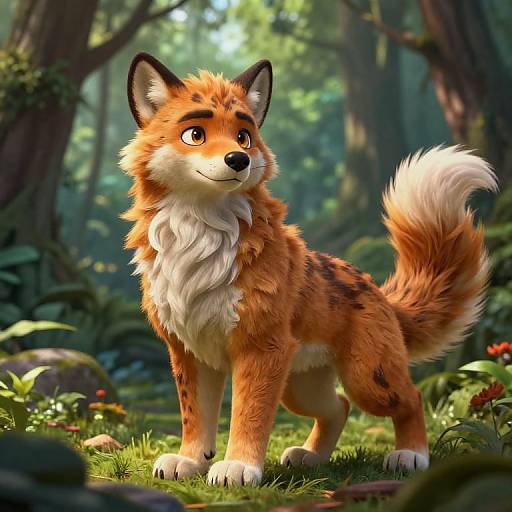 Digital artwork of a cute, fluffy, orange and white fox with large ears, standing in a sunlit forest, surrounded by greenery and small flowers