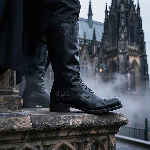 Photograph of a person in black leather boots with intricate stitching, standing on a weathered stone ledge in front of a gothic cathedral, surrounded by