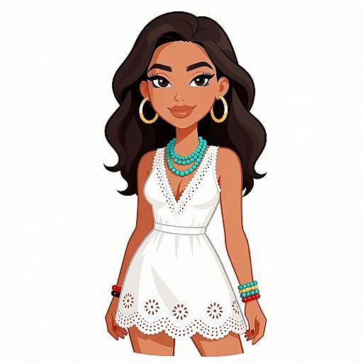 Digital illustration of a smiling, dark-haired woman with hoop earrings, turquoise necklace, and bracelets, wearing a white, lace-trimmed dress.