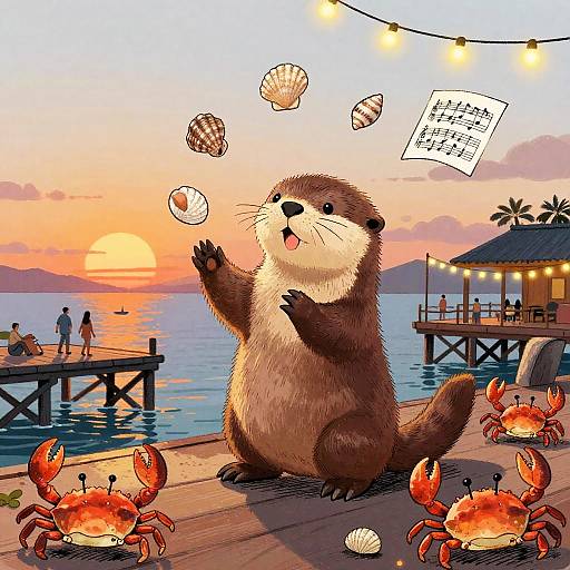 Playful Otter Juggling Seashells at Sunset