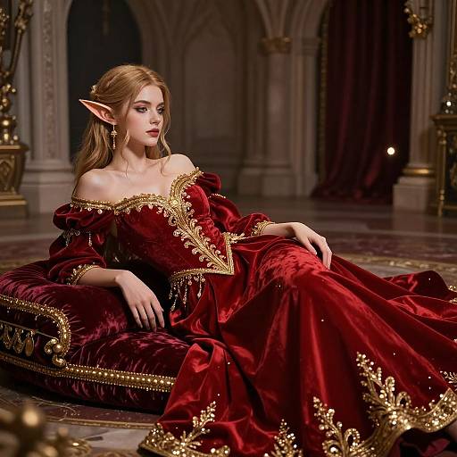 Digital fantasy artwork of a fair-skinned, elven woman with pointed ears, wearing an off-shoulder, rich red velvet gown with gold trim