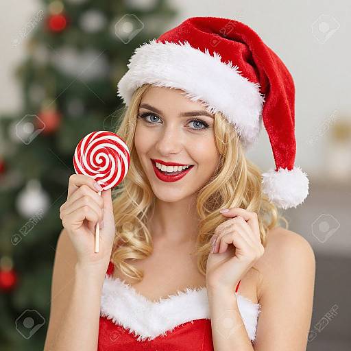 Blonde woman in red Santa hat and strapless red dress, holding a red and white swirl lollipop, smiling brightly, Christmas tree blurred in background