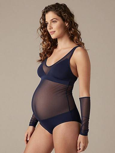 Pregnant Woman in Navy Mesh Maternity Lingerie