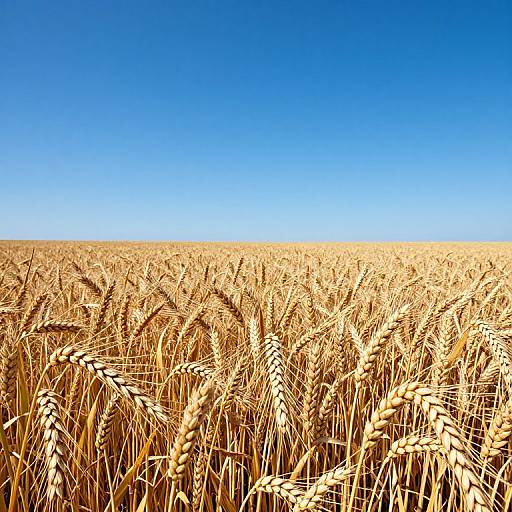 Photograph of a vast golden wheat field under a clear, vibrant blue sky, with the horizon barely visible in the distance.