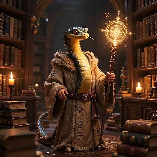 Digital artwork of a serpent-like wizard in a fur-trimmed robe, holding a glowing magical staff, in a dimly lit, candlelit library