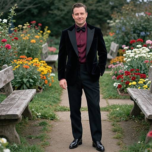 Photograph of a smiling man in a black velvet tuxedo with a maroon shirt, standing in a vibrant garden path with wooden benches and colorful