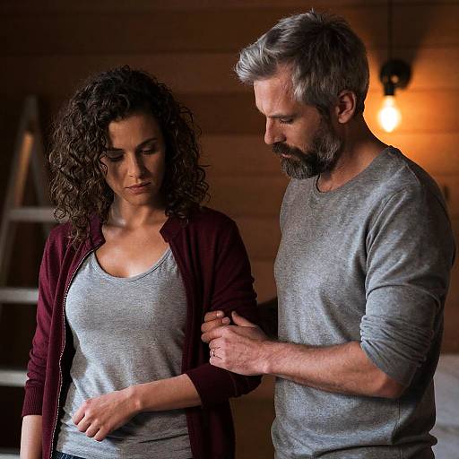 Man Comforting Woman in Dimly Lit Room