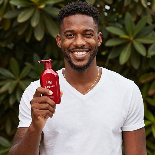 Photograph of a smiling black man with short curly hair, beard, wearing a white V-neck shirt, holding a red 