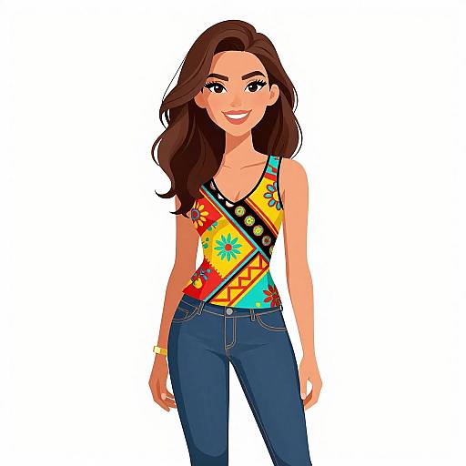 Smiling Woman in Vibrant Patterned Top