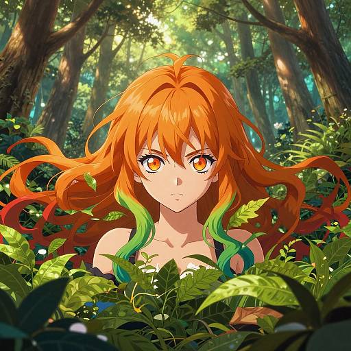 Digital anime-style illustration of a red-orange-haired, green-gradient haired woman with amber eyes, standing in a sunlit, lush forest, surrounded by dense