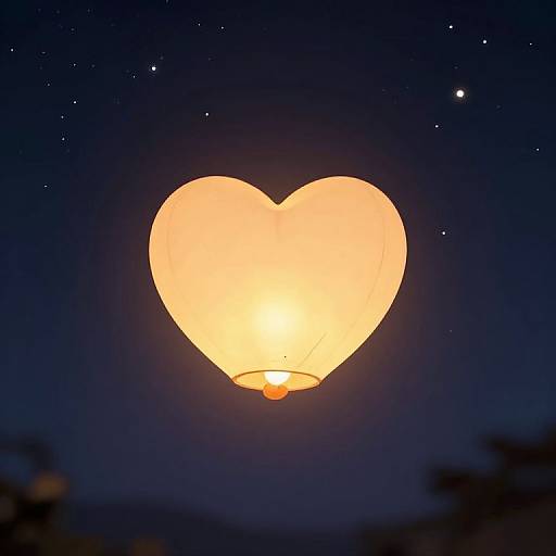 Photograph of a glowing orange heart-shaped lantern floating in a dark, starry night sky, with faint silhouettes of trees below.