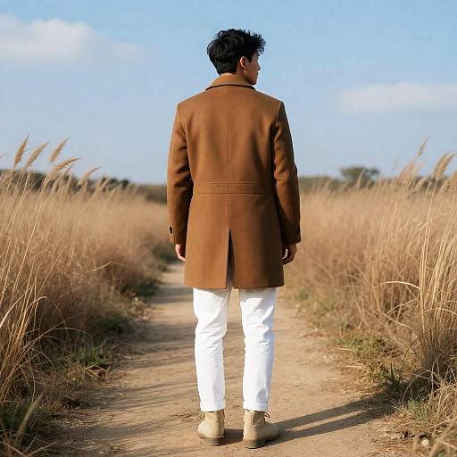 Man in Brown Coat on Dirt Path