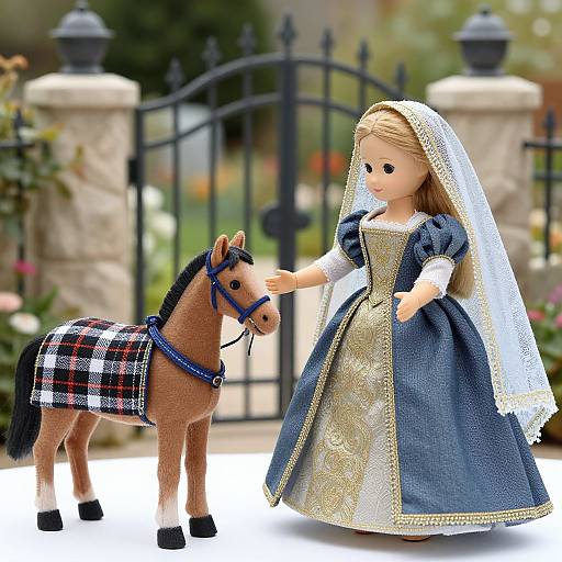 Photograph-style CGI of a blonde doll in a blue and gold medieval dress petting a brown horse with a plaid blanket. Background: blurred garden