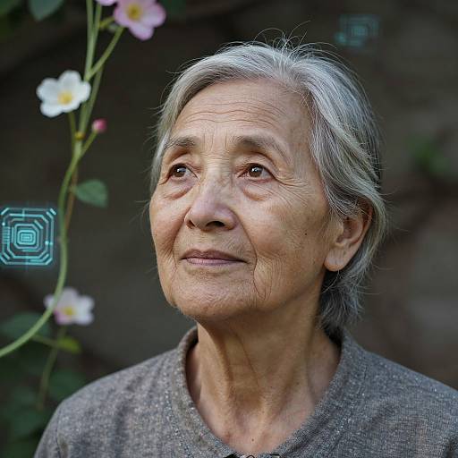 Photograph of an elderly Asian woman with gray hair, wrinkled skin, and gentle expression, wearing a gray shirt, against a blurred floral background.