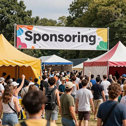 Photograph of a crowded outdoor Spontaneous festival, with colorful tents, diverse attendees in casual summer clothes, and a large 