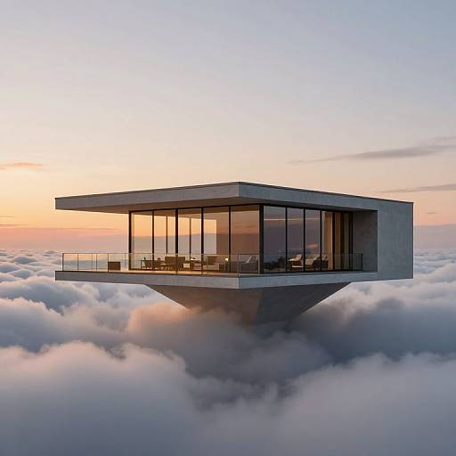 Modern floating house with glass facade, elevated above a sea of clouds at sunset. Sleek, minimalist architecture against a pastel sky. Photorealistic