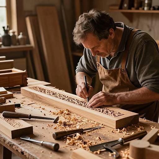 Photograph of an elderly, bearded woodworker in a brown apron, meticulously carving intricate patterns on a wooden panel in a sunlit workshop.