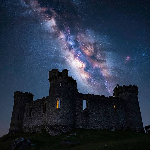 Photograph of a ruined stone castle at night, with the Milky Way galaxy brightly illuminating the starry sky above.