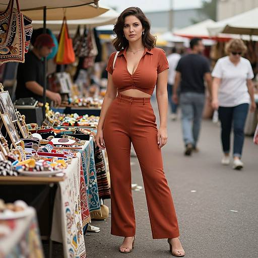 Photograph of a confident woman with dark wavy hair, wearing a rust-colored, button-up crop top and high-waisted pants, standing in