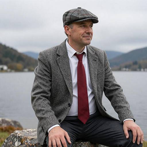 Man in Tweed Jacket Sitting by Lake