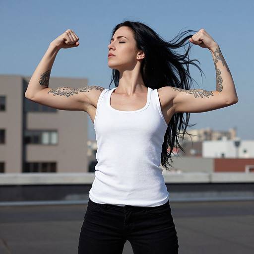 Edgy Tattooed Woman on Rooftop