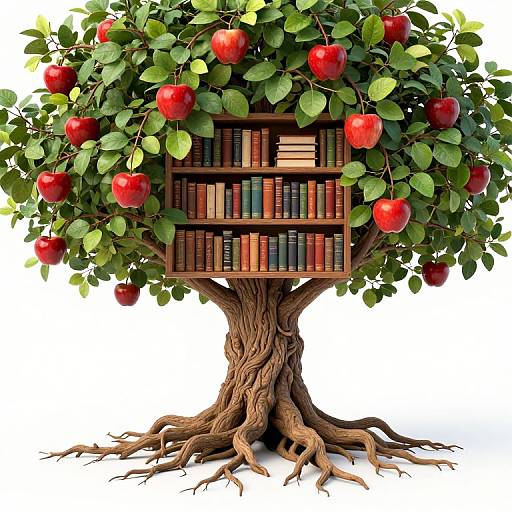 Whimsical Tree Bookshelf Illustration