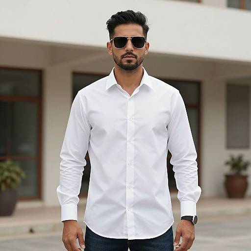 Photograph of a bearded man with dark hair, wearing sunglasses, white button-up shirt, black pants, and black watch, standing outdoors.