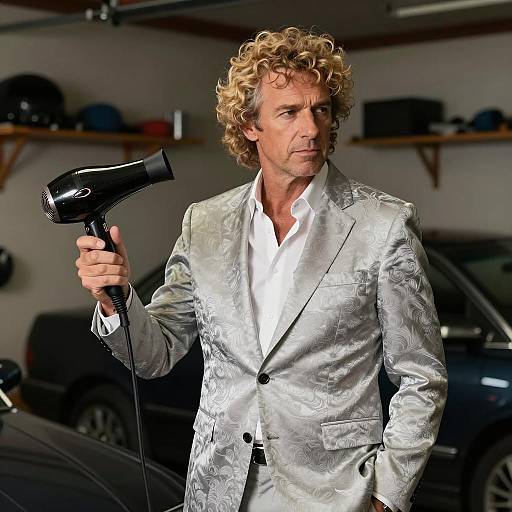 Man in Silver Suit Holding Hairdryer in Garage