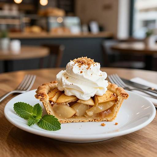Photograph of a topped apple crisp dessert with whipped cream, cinnamon, and fresh mint on a white plate, wooden table.