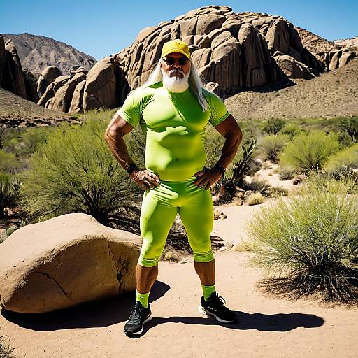 Elderly Muscular Man in Green Athletic Outfit in Desert